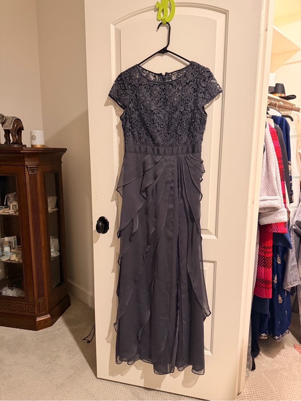 Adrianna Papell Slate Navy Lace Bodice Chiffon Maxi Dress